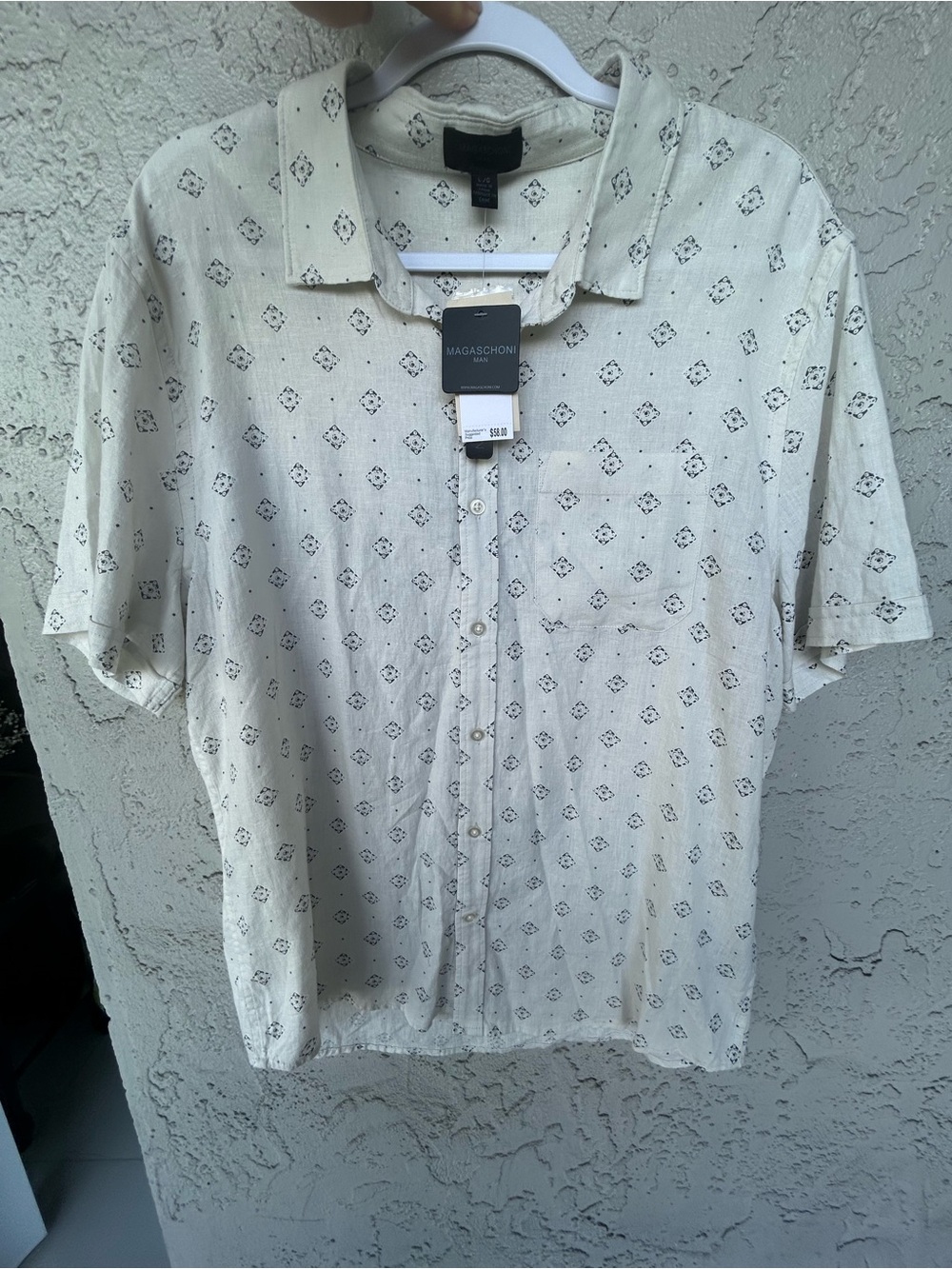 Magaschoni Men's Beige linen blend Short-Sleeve Button-Up Shirt